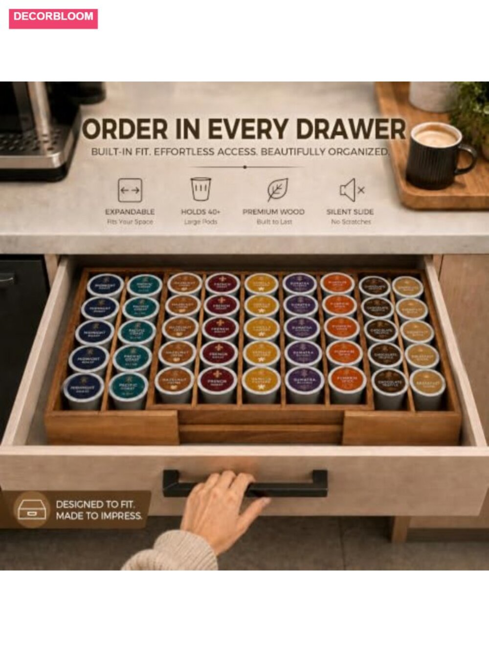 Expandable Acacia Wood Coffee Pod Drawer Organizer Adjustable Dividers - Picture 5 of 6